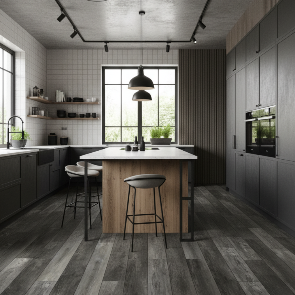 Modern kitchen with wooden island and dark cabinets