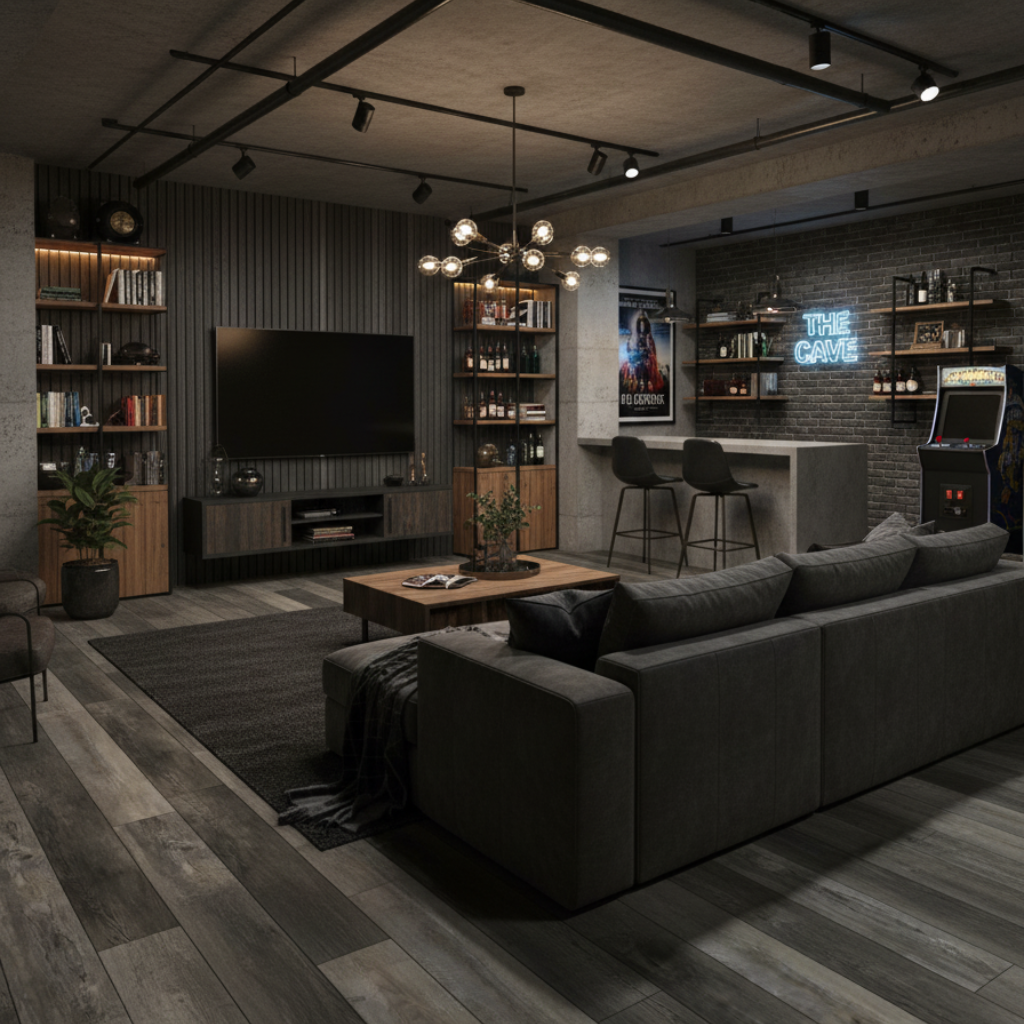 Modern living room with dark furniture and decor, including a sofa, coffee table, and bookshelves.