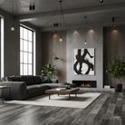 Modern living room with gray walls, a fireplace, and decorative elements.