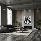 Modern living room with gray walls, a fireplace, and decorative elements.