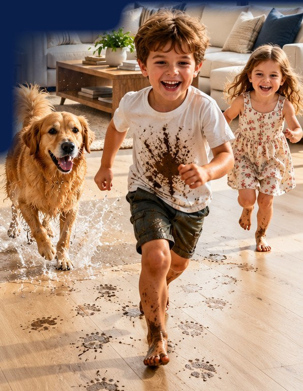 Happy kids and a wet dog running across a waterproof wood-look floor